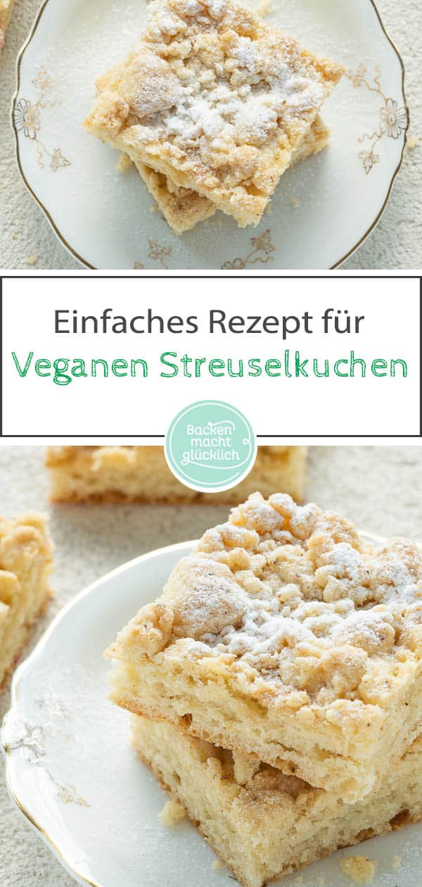 Fluffiger veganer Hefekuchen mit Streuseln – eine tolle Alternative zum Klassiker! Dass dieser geniale Streuselkuchen ohne Ei, Milch und Butter auskommt, merkt niemand. #vegan #veganbacken #streuselkuchen #streusel #backenmachtglücklich