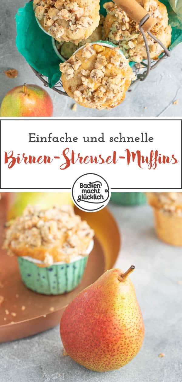 Das Rezept für Birnenmuffins mit Streuseln zählt zu meinen absoluten Lieblingen! Die fluffigen Birnen-Joghurt-Muffins machen sich nicht nur im Herbst gut, sondern schmecken das ganze Jahr über. #muffins #birne #birnenmuffins #rezeptemitbirne #backenmachtglücklich