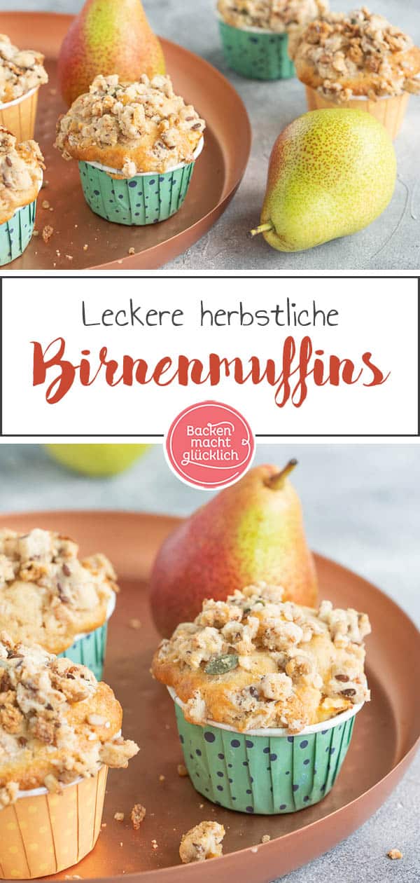 Das Rezept für Birnenmuffins mit Streuseln zählt zu meinen absoluten Lieblingen! Die fluffigen Birnen-Joghurt-Muffins machen sich nicht nur im Herbst gut, sondern schmecken das ganze Jahr über. #muffins #birne #birnenmuffins #rezeptemitbirne #backenmachtglücklich