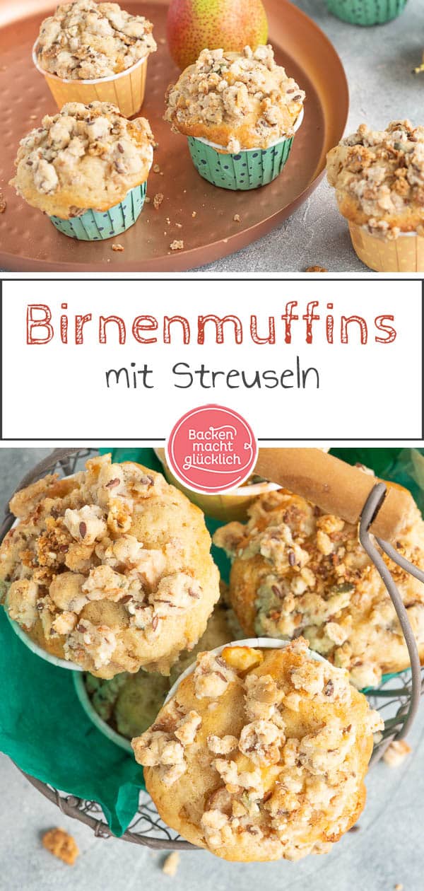 Das Rezept für Birnenmuffins mit Streuseln zählt zu meinen absoluten Lieblingen! Die fluffigen Birnen-Joghurt-Muffins machen sich nicht nur im Herbst gut, sondern schmecken das ganze Jahr über. #muffins #birne #birnenmuffins #rezeptemitbirne #backenmachtglücklich