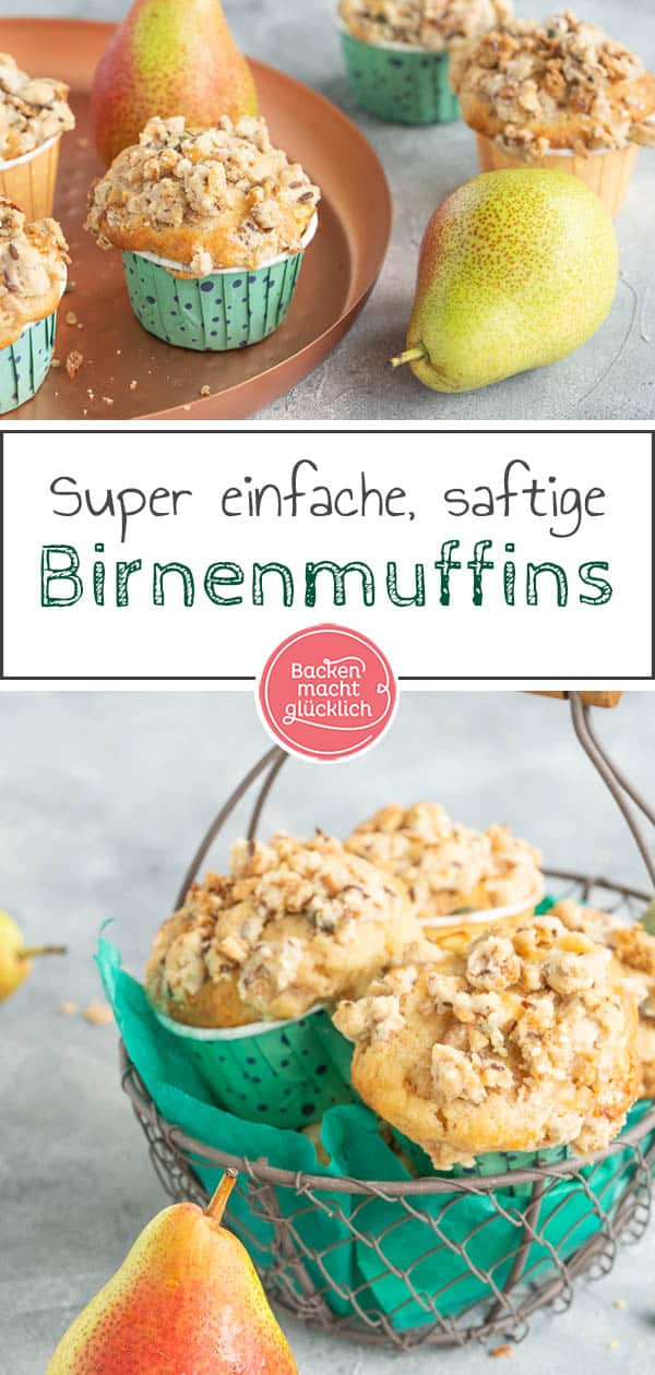 Das Rezept für Birnenmuffins mit Streuseln zählt zu meinen absoluten Lieblingen! Die fluffigen Birnen-Joghurt-Muffins machen sich nicht nur im Herbst gut, sondern schmecken das ganze Jahr über. #muffins #birne #birnenmuffins #rezeptemitbirne #backenmachtglücklich