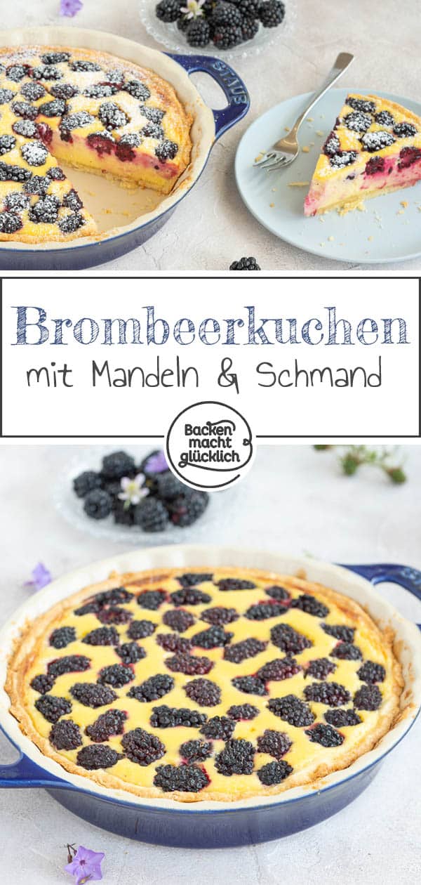 Der Brombeerkuchen mit Schmand und Mandeln ist ein köstlicher Sommergenuss. Für den Kuchen mit Brombeeren eigenen sich sowohl frische als auch Tiefkühlfrüchte. Solltet ihr unbedingt testen! #brombeerkuchen #brombeer #omasrezepte #schmand #backenmachtglücklich