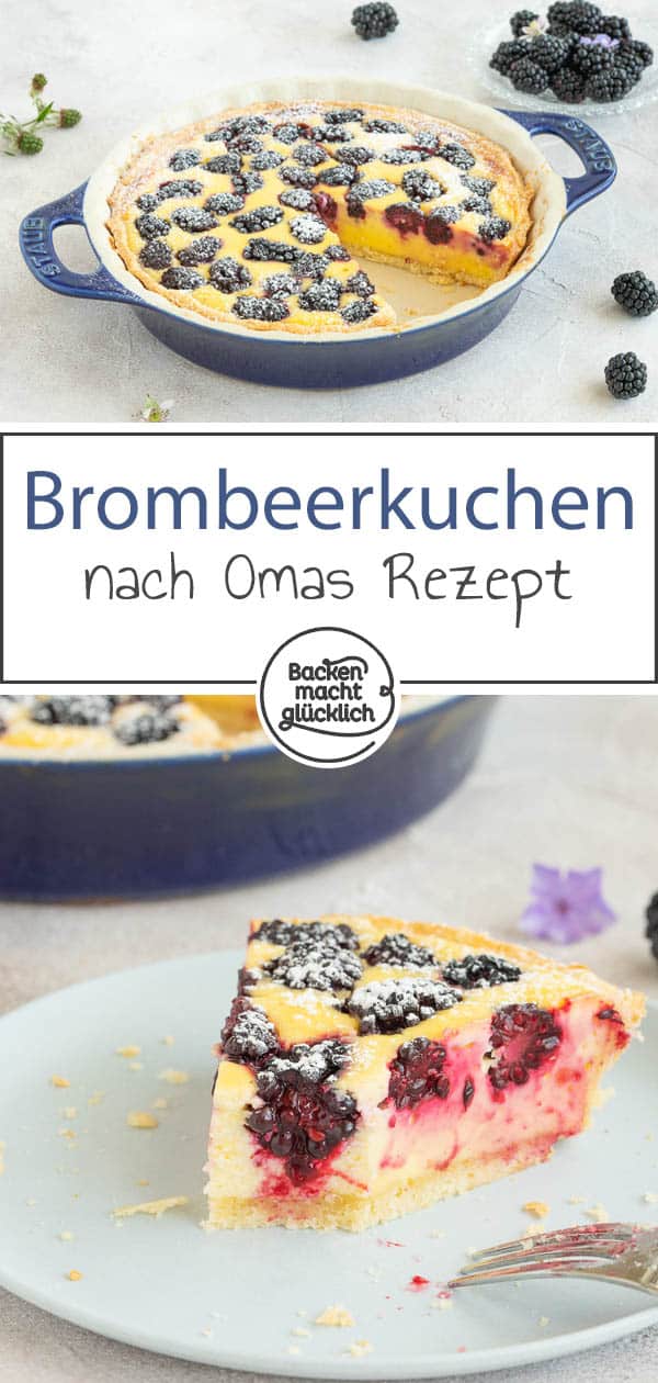 Der Brombeerkuchen mit Schmand und Mandeln ist ein köstlicher Sommergenuss. Für den Kuchen mit Brombeeren eigenen sich sowohl frische als auch Tiefkühlfrüchte. Solltet ihr unbedingt testen! #brombeerkuchen #brombeer #omasrezepte #schmand #backenmachtglücklich