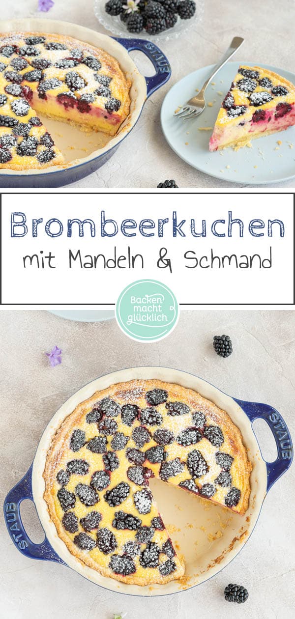 Der Brombeerkuchen mit Schmand und Mandeln ist ein köstlicher Sommergenuss. Für den Kuchen mit Brombeeren eigenen sich sowohl frische als auch Tiefkühlfrüchte. Solltet ihr unbedingt testen! #brombeerkuchen #brombeer #omasrezepte #schmand #backenmachtglücklich