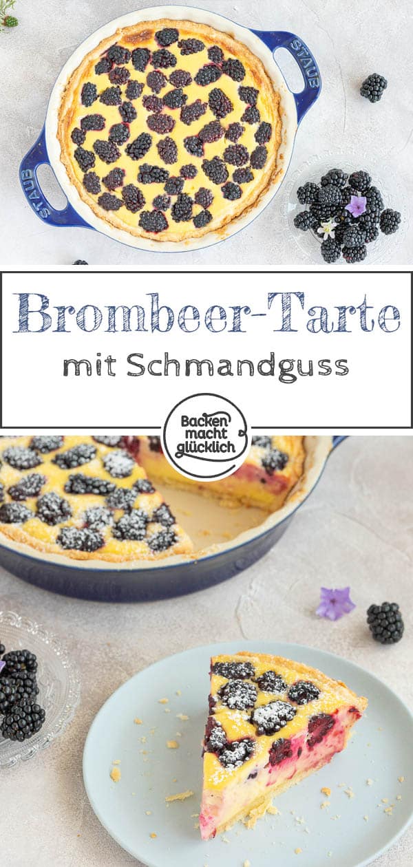 Der Brombeerkuchen mit Schmand und Mandeln ist ein köstlicher Sommergenuss. Für den Kuchen mit Brombeeren eigenen sich sowohl frische als auch Tiefkühlfrüchte. Solltet ihr unbedingt testen! #brombeerkuchen #brombeer #omasrezepte #schmand #backenmachtglücklich