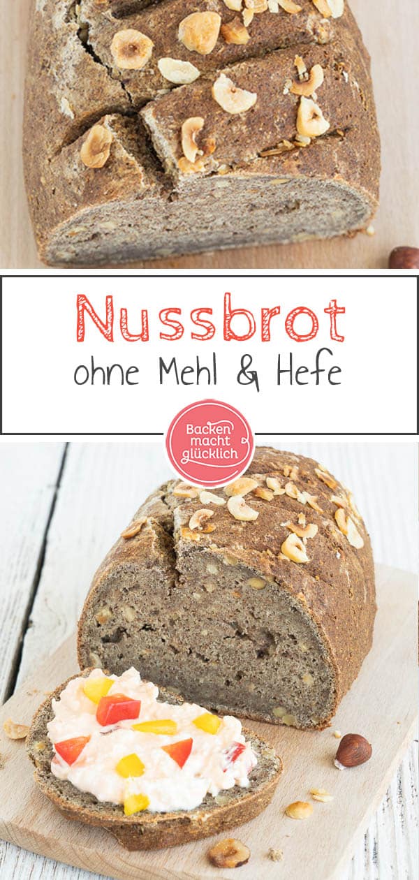 Ein wirklich einfaches Low Carb Brot mit Haselnüssen, das auch Anfängern sicher gelingt. In den Teig für das Nussbrot kommen zum Beispiel Flohsamenschalen, Haselnüsse, Walnussmehl und Sonnenblumenkerne. Schmeckt einfach nur köstlich! #brotbacken #lowcarb #glutenfrei #nussbrot #haselnussbrot #backenmachtglücklich