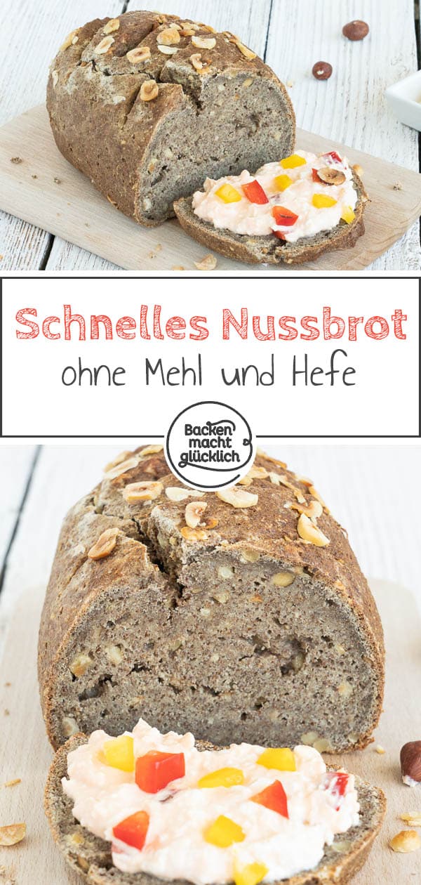 Ein wirklich einfaches Low Carb Brot mit Haselnüssen, das auch Anfängern sicher gelingt. In den Teig für das Nussbrot kommen zum Beispiel Flohsamenschalen, Haselnüsse, Walnussmehl und Sonnenblumenkerne. Schmeckt einfach nur köstlich! #brotbacken #lowcarb #glutenfrei #nussbrot #haselnussbrot #backenmachtglücklich