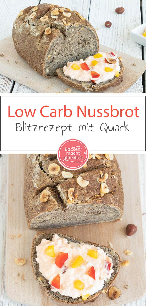 Ein wirklich einfaches Low Carb Brot mit Haselnüssen, das auch Anfängern sicher gelingt. In den Teig für das Nussbrot kommen zum Beispiel Flohsamenschalen, Haselnüsse, Walnussmehl und Sonnenblumenkerne. Schmeckt einfach nur köstlich! #brotbacken #lowcarb #glutenfrei #nussbrot #haselnussbrot #backenmachtglücklich