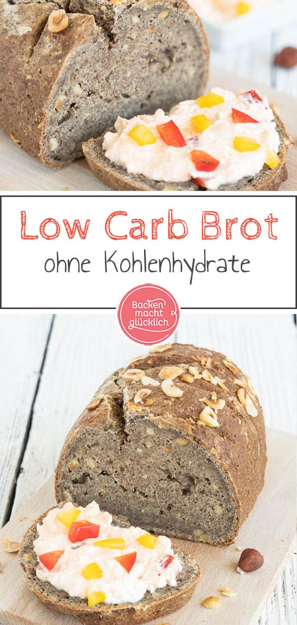 Ein wirklich einfaches Low Carb Brot mit Haselnüssen, das auch Anfängern sicher gelingt. In den Teig für das Nussbrot kommen zum Beispiel Flohsamenschalen, Haselnüsse, Walnussmehl und Sonnenblumenkerne. Schmeckt einfach nur köstlich! #brotbacken #lowcarb #glutenfrei #nussbrot #haselnussbrot #backenmachtglücklich