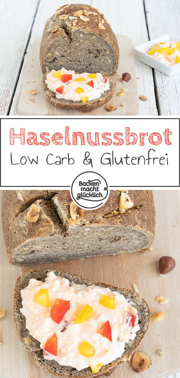 Ein wirklich einfaches Low Carb Brot mit Haselnüssen, das auch Anfängern sicher gelingt. In den Teig für das Nussbrot kommen zum Beispiel Flohsamenschalen, Haselnüsse, Walnussmehl und Sonnenblumenkerne. Schmeckt einfach nur köstlich! #brotbacken #lowcarb #glutenfrei #nussbrot #haselnussbrot #backenmachtglücklich