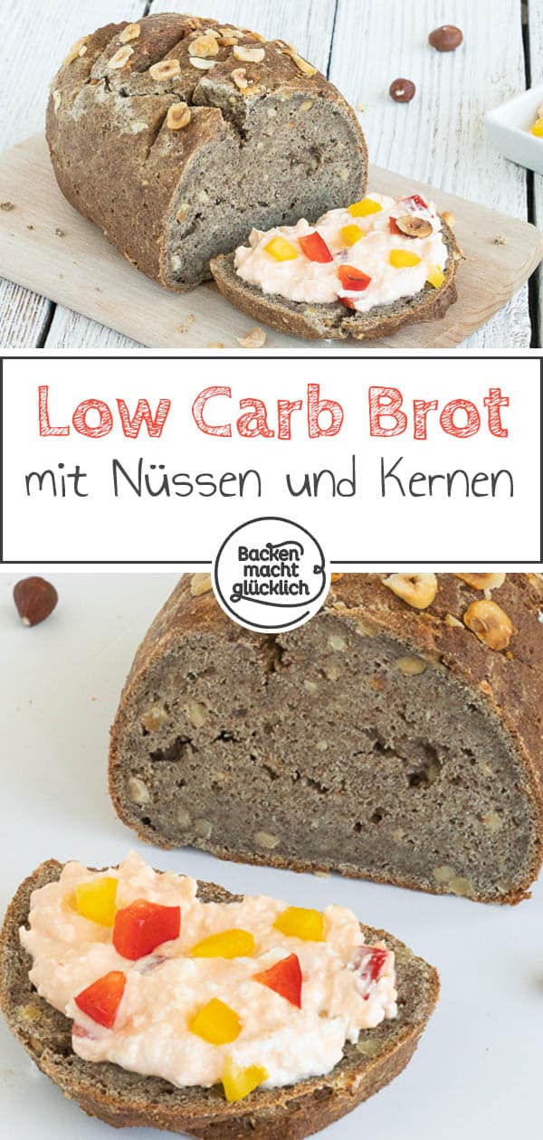 Ein wirklich einfaches Low Carb Brot mit Haselnüssen, das auch Anfängern sicher gelingt. In den Teig für das Nussbrot kommen zum Beispiel Flohsamenschalen, Haselnüsse, Walnussmehl und Sonnenblumenkerne. Schmeckt einfach nur köstlich! #brotbacken #lowcarb #glutenfrei #nussbrot #haselnussbrot #backenmachtglücklich