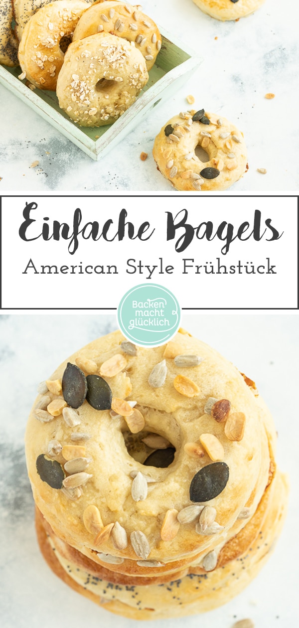 Original amerikanische Bagels sind schon was Besonderes! Mit diesem Grundrezept gelingen die fluffigen Bagels auch Zuhause - egal ob süß oder salzig. #bagels #frühstück #americanstyle #backenmachtglücklich