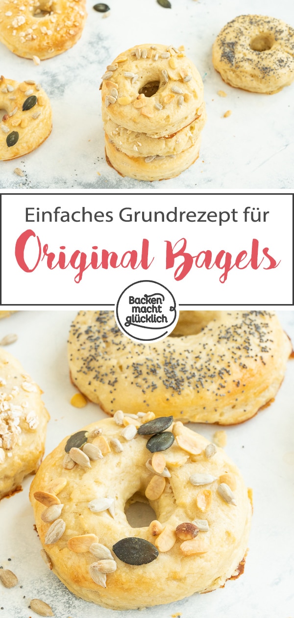 Original amerikanische Bagels sind schon was Besonderes! Mit diesem Grundrezept gelingen die fluffigen Bagels auch Zuhause - egal ob süß oder salzig. #bagels #frühstück #americanstyle #backenmachtglücklich