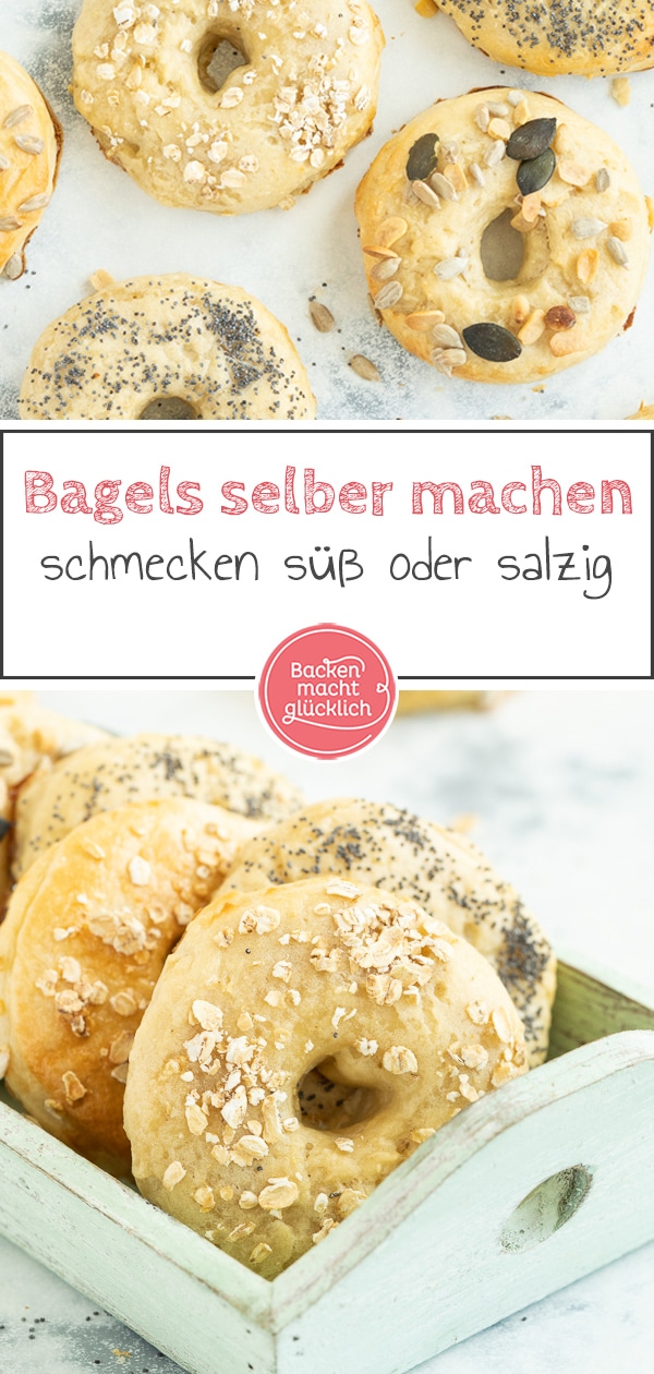 Original amerikanische Bagels sind schon was Besonderes! Mit diesem Grundrezept gelingen die fluffigen Bagels auch Zuhause - egal ob süß oder salzig. #bagels #frühstück #americanstyle #backenmachtglücklich