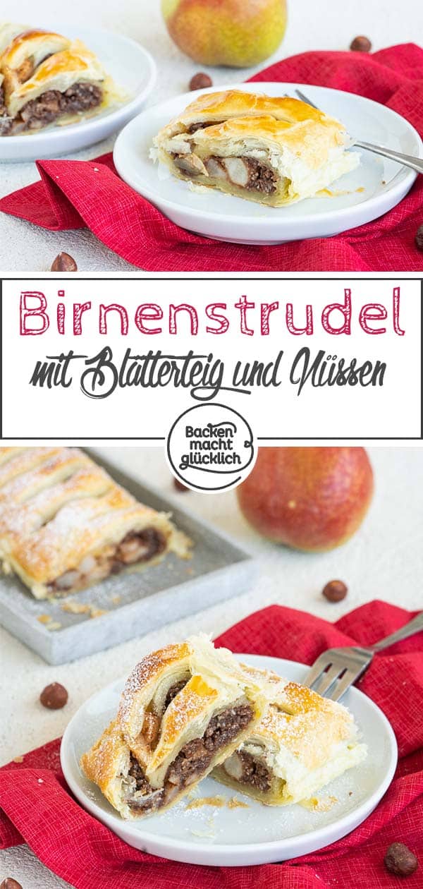 Schneller, einfacher Birnenstrudel mit Nüssen, Napolitanerwaffeln und Blätterteig. Zum Birnen-Nuss-Strudel passen Vanilleeis, Schlagsahne oder Vanillesoße – ein herrliches Herbstrezept für eine köstliche Süßspeise. #strudel #rezept #blätterteig #herbst #backenmachtglücklich