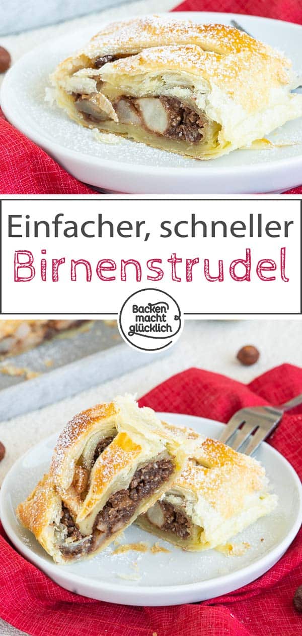 Schneller, einfacher Birnenstrudel mit Nüssen, Napolitanerwaffeln und Blätterteig. Zum Birnen-Nuss-Strudel passen Vanilleeis, Schlagsahne oder Vanillesoße – ein herrliches Herbstrezept für eine köstliche Süßspeise. #strudel #rezept #blätterteig #herbst #backenmachtglücklich