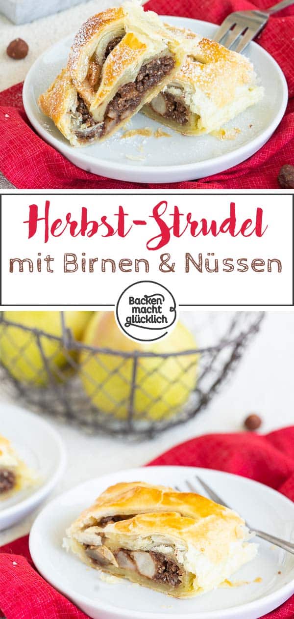 Schneller, einfacher Birnenstrudel mit Nüssen, Napolitanerwaffeln und Blätterteig. Zum Birnen-Nuss-Strudel passen Vanilleeis, Schlagsahne oder Vanillesoße – ein herrliches Herbstrezept für eine köstliche Süßspeise. #strudel #rezept #blätterteig #herbst #backenmachtglücklich