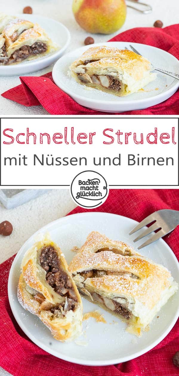 Schneller, einfacher Birnenstrudel mit Nüssen, Napolitanerwaffeln und Blätterteig. Zum Birnen-Nuss-Strudel passen Vanilleeis, Schlagsahne oder Vanillesoße – ein herrliches Herbstrezept für eine köstliche Süßspeise. #strudel #rezept #blätterteig #herbst #backenmachtglücklich