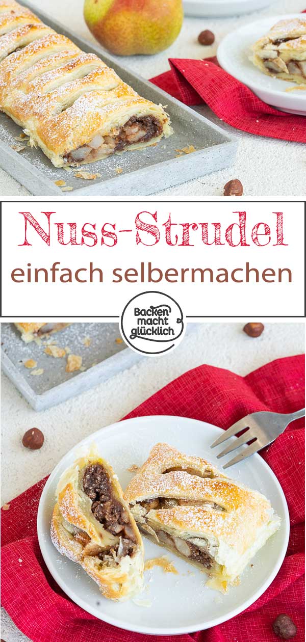 Schneller, einfacher Birnenstrudel mit Nüssen, Napolitanerwaffeln und Blätterteig. Zum Birnen-Nuss-Strudel passen Vanilleeis, Schlagsahne oder Vanillesoße – ein herrliches Herbstrezept für eine köstliche Süßspeise. #strudel #rezept #blätterteig #herbst #backenmachtglücklich