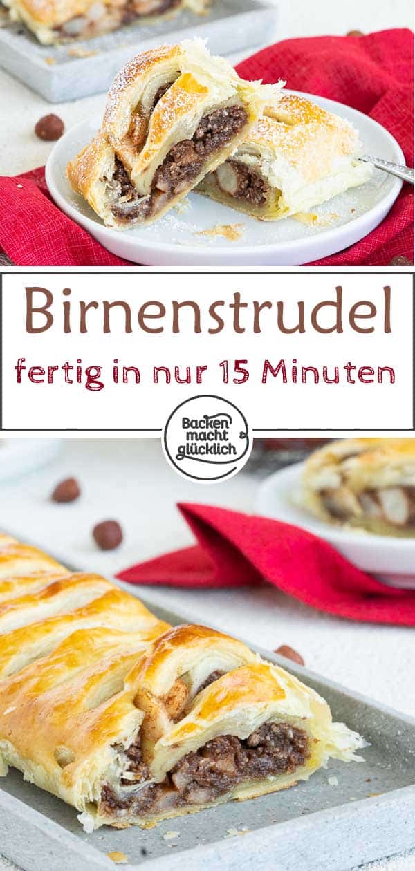 Schneller, einfacher Birnenstrudel mit Nüssen, Napolitanerwaffeln und Blätterteig. Zum Birnen-Nuss-Strudel passen Vanilleeis, Schlagsahne oder Vanillesoße – ein herrliches Herbstrezept für eine köstliche Süßspeise. #strudel #rezept #blätterteig #herbst #backenmachtglücklich