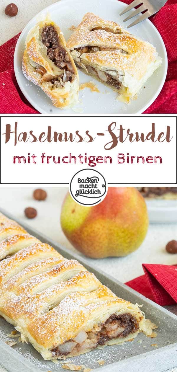 Schneller, einfacher Birnenstrudel mit Nüssen, Napolitanerwaffeln und Blätterteig. Zum Birnen-Nuss-Strudel passen Vanilleeis, Schlagsahne oder Vanillesoße – ein herrliches Herbstrezept für eine köstliche Süßspeise. #strudel #rezept #blätterteig #herbst #backenmachtglücklich