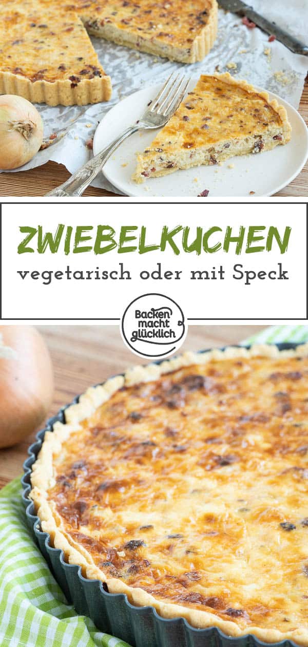 Der Zwiebelkuchen aus Mürbeteig ist super lecker und herzhaft. Das Rezept für den Zwiebelkuchen funktioniert mit Speck oder auch vegetarisch. Einfach genial! #zwiebelkuchen #herbst #zwiebeln #herzhaft #backenmachtglücklich