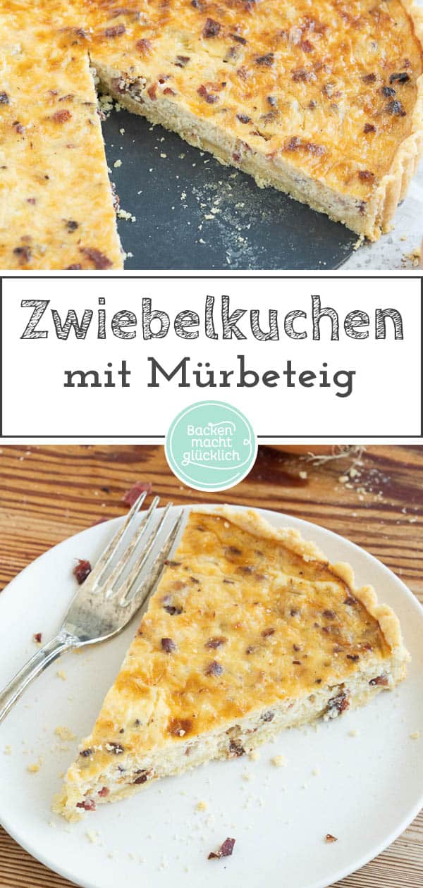 Der Zwiebelkuchen aus Mürbeteig ist super lecker und herzhaft. Das Rezept für den Zwiebelkuchen funktioniert mit Speck oder auch vegetarisch. Einfach genial! #zwiebelkuchen #herbst #zwiebeln #herzhaft #backenmachtglücklich