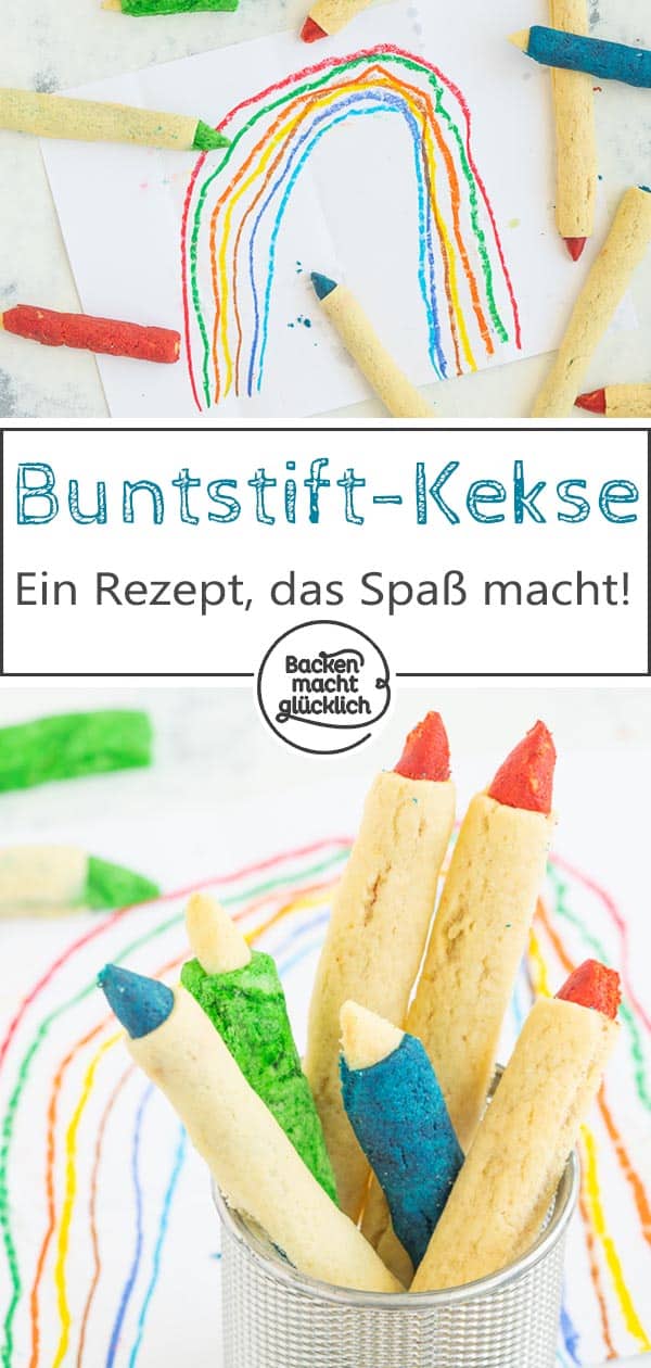 Essbare Buntstifte, witzige Kekse zur Schuleinführung und für Kindergeburstage. Diese putzigen Buntstift-Kekse sind nicht nur tolle Plätzchen für Schulkinder, sondern für Süßschnäbel jeden Alters ein besonderer, leckerer Hingucker! #backenmachtglücklich #rezept #einschulung #kekse #kinder