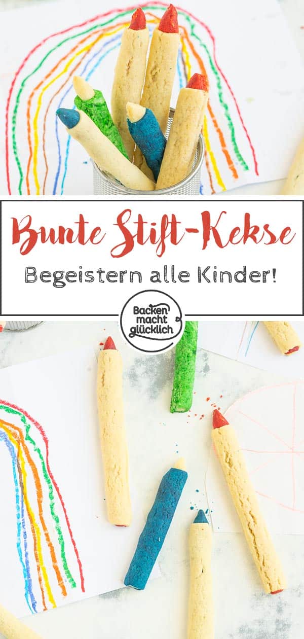 Essbare Buntstifte, witzige Kekse zur Schuleinführung und für Kindergeburstage. Diese putzigen Buntstift-Kekse sind nicht nur tolle Plätzchen für Schulkinder, sondern für Süßschnäbel jeden Alters ein besonderer, leckerer Hingucker! #backenmachtglücklich #rezept #einschulung #kekse #kinder