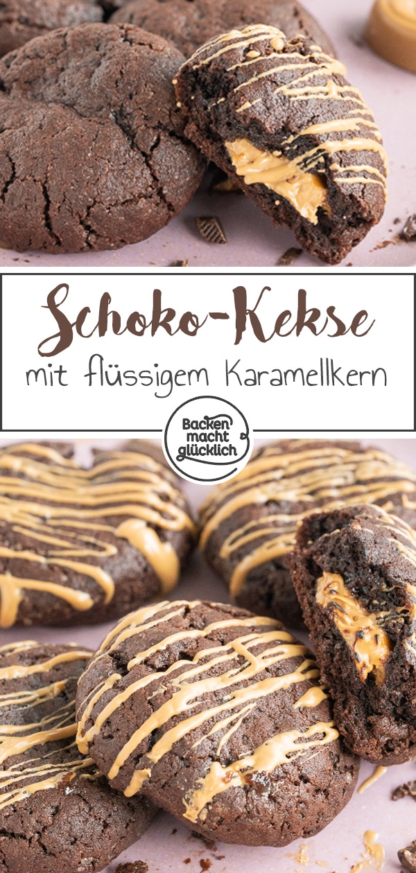 Die super soften Schoko-Cookies mit cremiger Karamellfüllung zergehen nur so auf der Zunge. Mit diesen leckeren Schoko-Karamell-Keksen liegt ihr immer richtig!