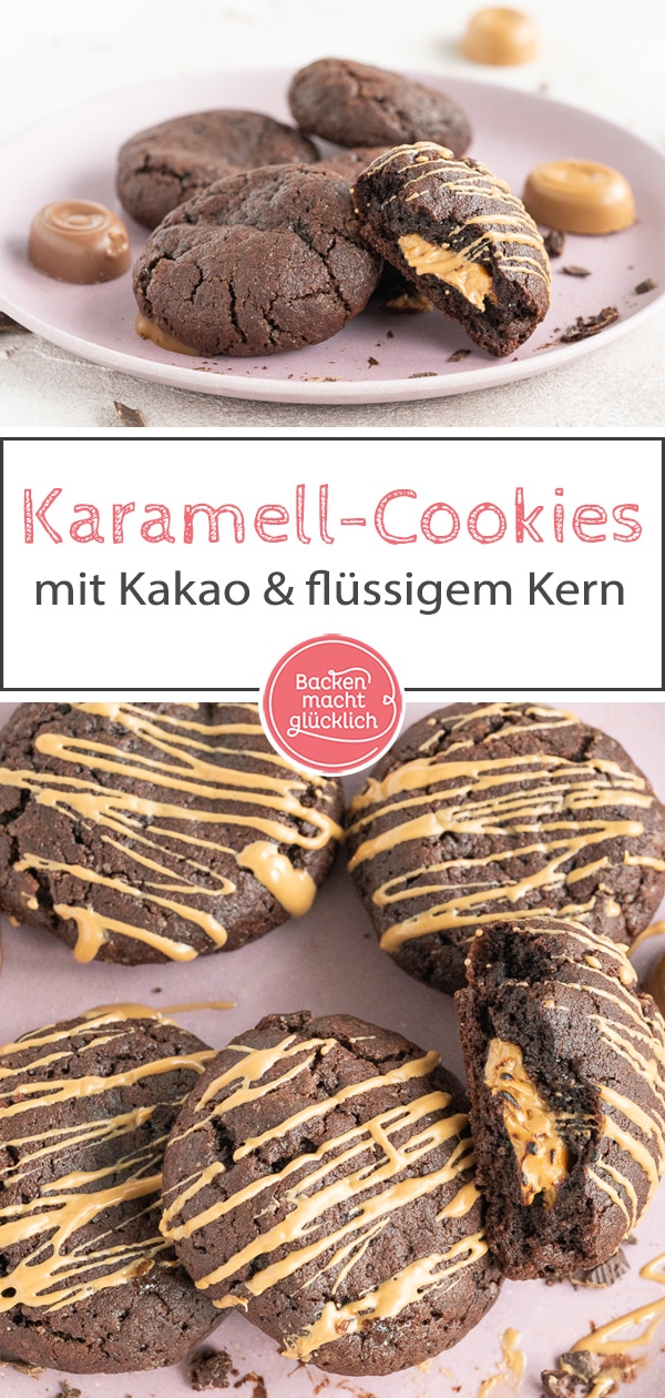 Die super soften Schoko-Cookies mit cremiger Karamellfüllung zergehen nur so auf der Zunge. Mit diesen leckeren Schoko-Karamell-Keksen liegt ihr immer richtig!