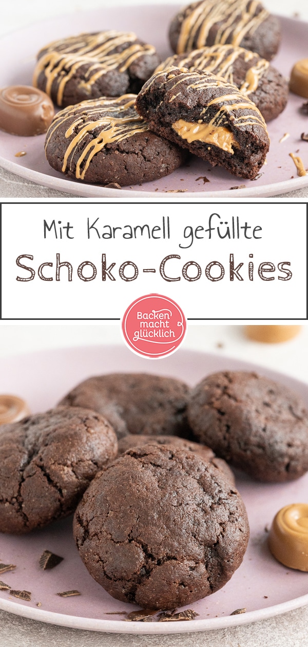 Die super soften Schoko-Cookies mit cremiger Karamellfüllung zergehen nur so auf der Zunge. Mit diesen leckeren Schoko-Karamell-Keksen liegt ihr immer richtig!