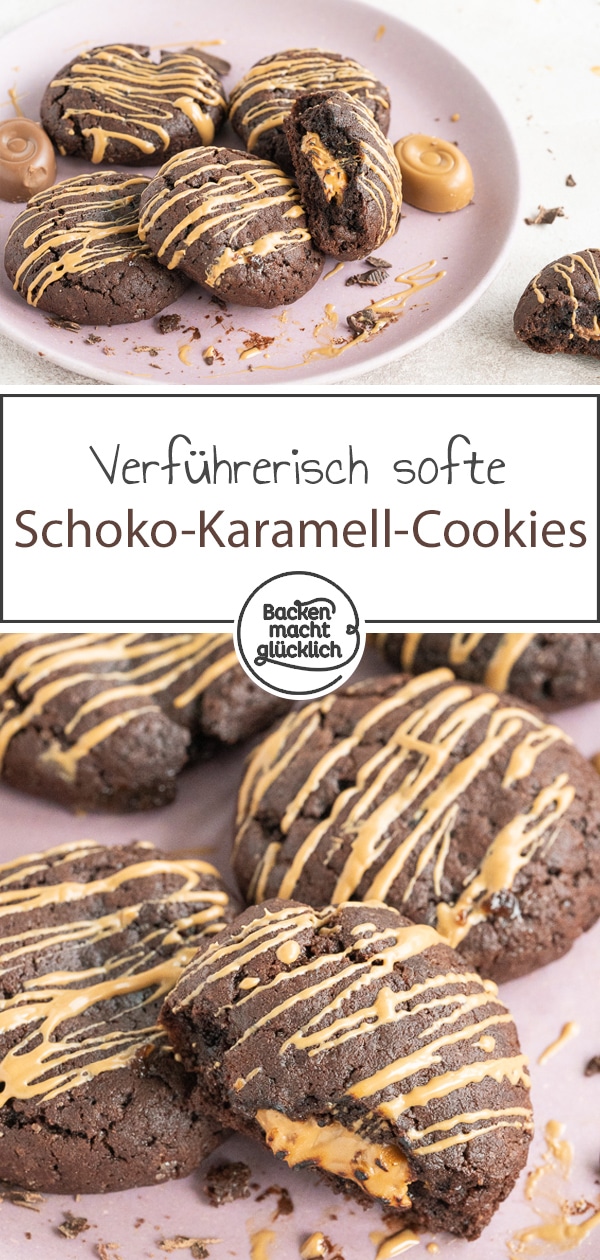 Die super soften Schoko-Cookies mit cremiger Karamellfüllung zergehen nur so auf der Zunge. Mit diesen leckeren Schoko-Karamell-Keksen liegt ihr immer richtig!