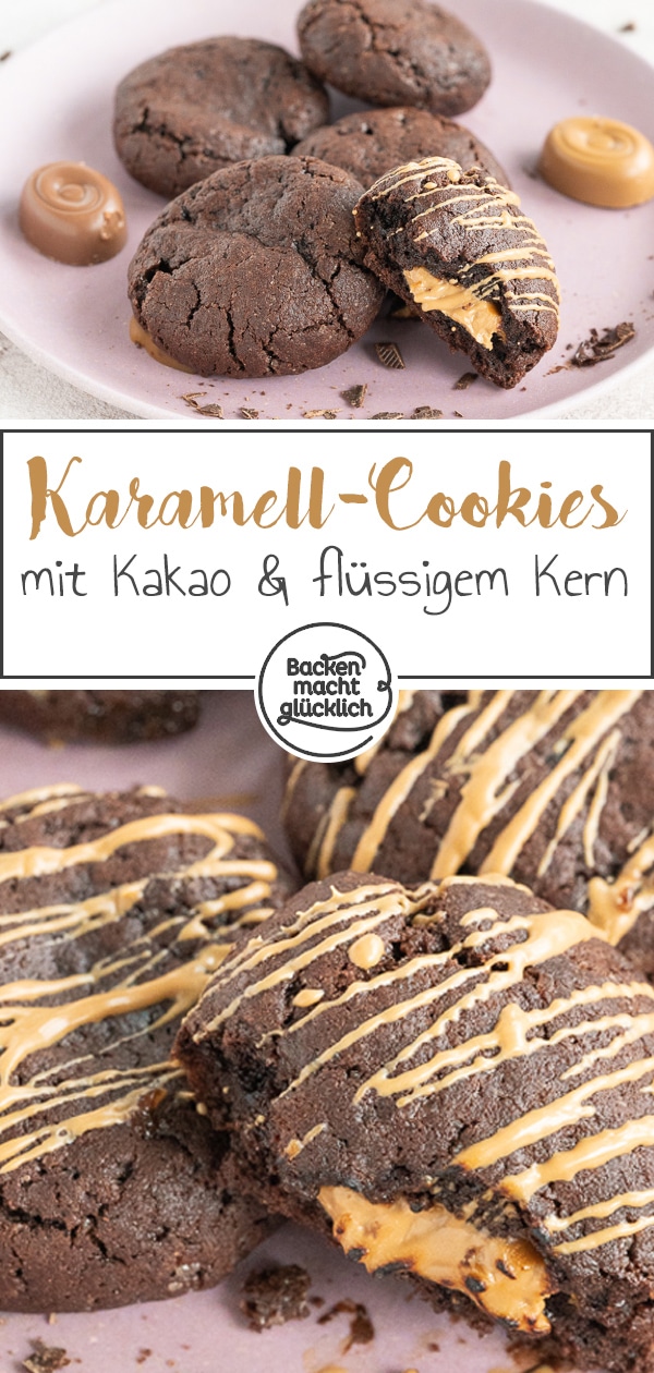 Die super soften Schoko-Cookies mit cremiger Karamellfüllung zergehen nur so auf der Zunge. Mit diesen leckeren Schoko-Karamell-Keksen liegt ihr immer richtig!