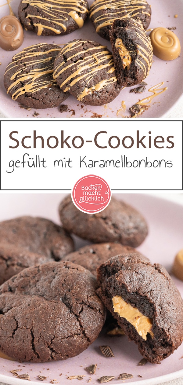 Die super soften Schoko-Cookies mit cremiger Karamellfüllung zergehen nur so auf der Zunge. Mit diesen leckeren Schoko-Karamell-Keksen liegt ihr immer richtig!