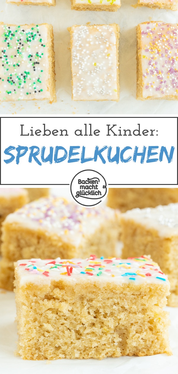 Sprudelkuchen vom Blech ist der perfekte Kuchen für Kindergeburtstage oder kleine Feiern. Der saftige Selterskuchen mit Mineralwasser im Rührteig kommt einfach immer gut an! #sprudelkuchen #selterskuchen #kindergeburtstag #backenmachtglücklich