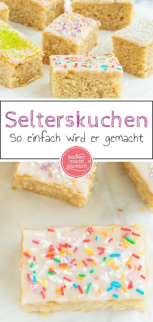 Sprudelkuchen vom Blech ist der perfekte Kuchen für Kindergeburtstage oder kleine Feiern. Der saftige Selterskuchen mit Mineralwasser im Rührteig kommt einfach immer gut an! #sprudelkuchen #selterskuchen #kindergeburtstag #backenmachtglücklich