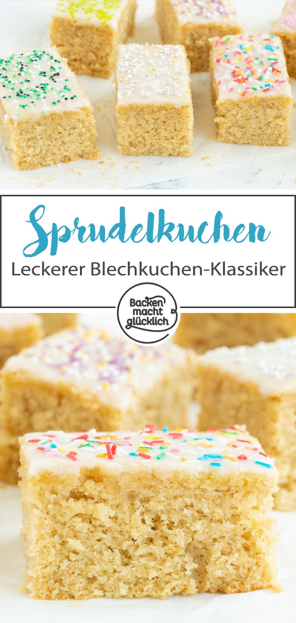 Sprudelkuchen vom Blech ist der perfekte Kuchen für Kindergeburtstage oder kleine Feiern. Der saftige Selterskuchen mit Mineralwasser im Rührteig kommt einfach immer gut an! #sprudelkuchen #selterskuchen #kindergeburtstag #backenmachtglücklich