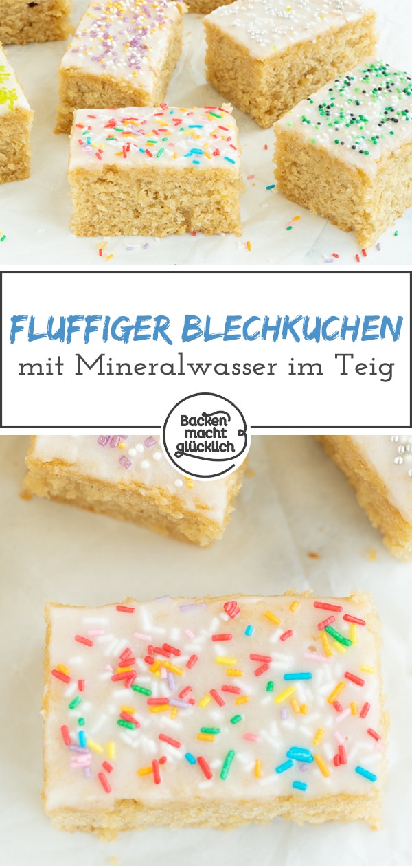 Sprudelkuchen vom Blech ist der perfekte Kuchen für Kindergeburtstage oder kleine Feiern. Der saftige Selterskuchen mit Mineralwasser im Rührteig kommt einfach immer gut an! #sprudelkuchen #selterskuchen #kindergeburtstag #backenmachtglücklich