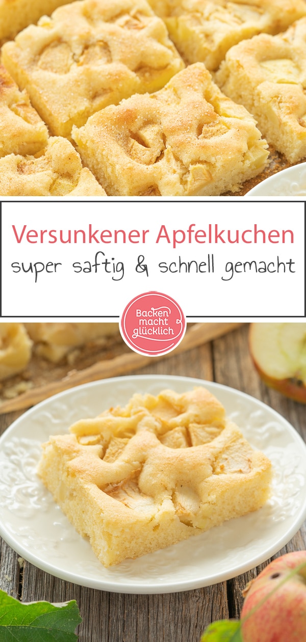 Super saftig und fluffig: Omas versunkener Apfelkuchen ist ein echter Klassiker. Der einfache Apfel-Blechkuchen schmeckt nicht nur im Herbst! #apfelkuchen #klassiker herbst #äpfel #backenmachtglücklich