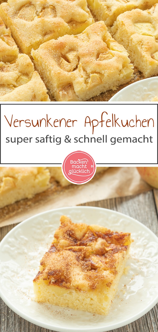 Super saftig und fluffig: Omas versunkener Apfelkuchen ist ein echter Klassiker. Der einfache Apfel-Blechkuchen schmeckt nicht nur im Herbst! #apfelkuchen #klassiker herbst #äpfel #backenmachtglücklich