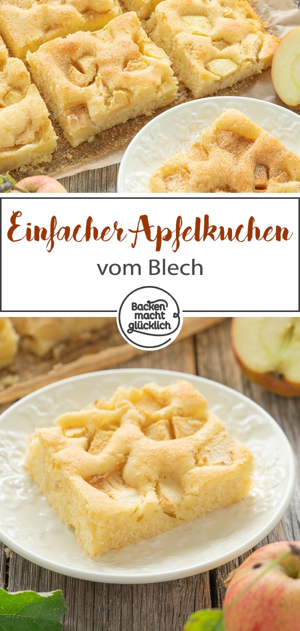 Super saftig und fluffig: Omas versunkener Apfelkuchen ist ein echter Klassiker. Der einfache Apfel-Blechkuchen schmeckt nicht nur im Herbst! #apfelkuchen #klassiker herbst #äpfel #backenmachtglücklich