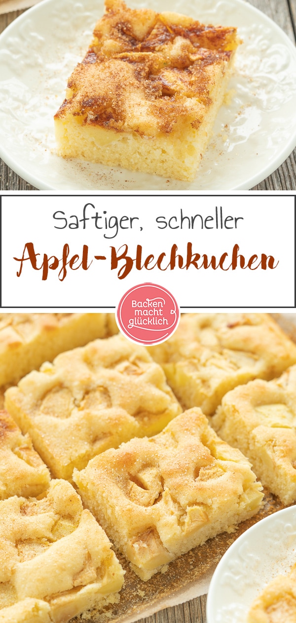 Super saftig und fluffig: Omas versunkener Apfelkuchen ist ein echter Klassiker. Der einfache Apfel-Blechkuchen schmeckt nicht nur im Herbst! #apfelkuchen #klassiker herbst #äpfel #backenmachtglücklich