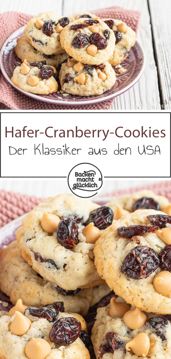 Diese chewy Cranberry-Cookies sind einfach zum Dahinschmelzen: Leckere Haferkekse gemischt mit kleinen Schokostückchen und saftigen Cranberries. Mmmmmmh!