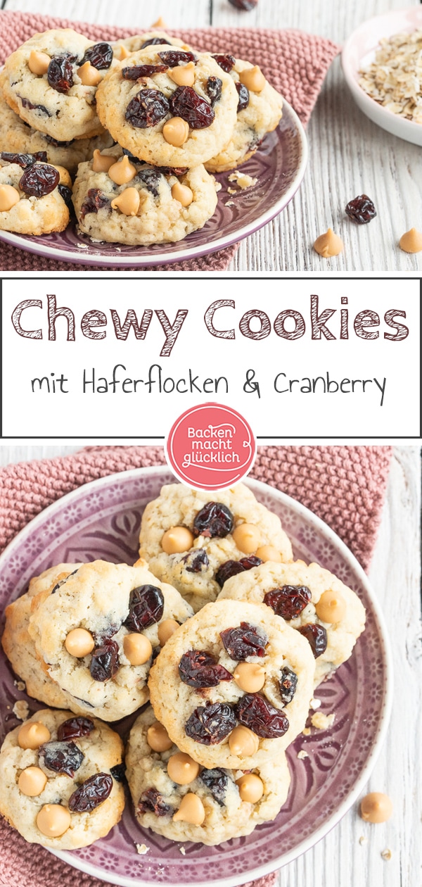 Diese chewy Cranberry-Cookies sind einfach zum Dahinschmelzen: Leckere Haferkekse gemischt mit kleinen Schokostückchen und saftigen Cranberries. Mmmmmmh!
