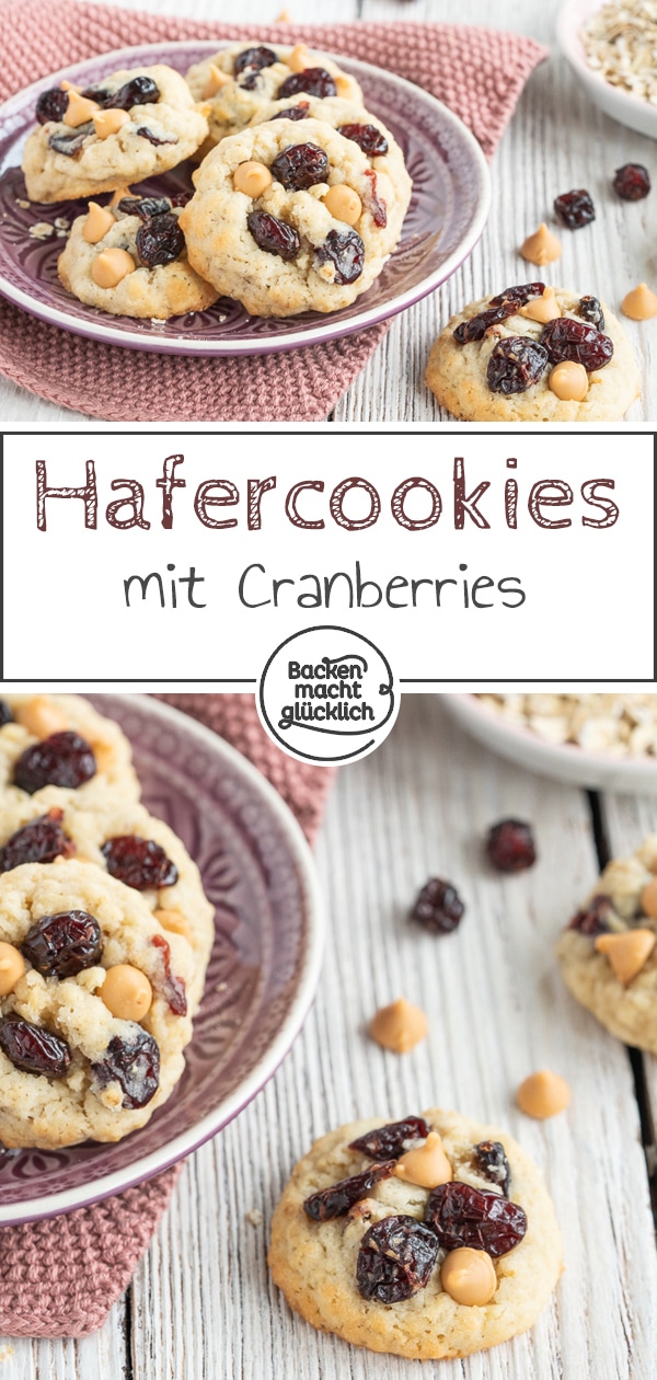 Diese chewy Cranberry-Cookies sind einfach zum Dahinschmelzen: Leckere Haferkekse gemischt mit kleinen Schokostückchen und saftigen Cranberries. Mmmmmmh!