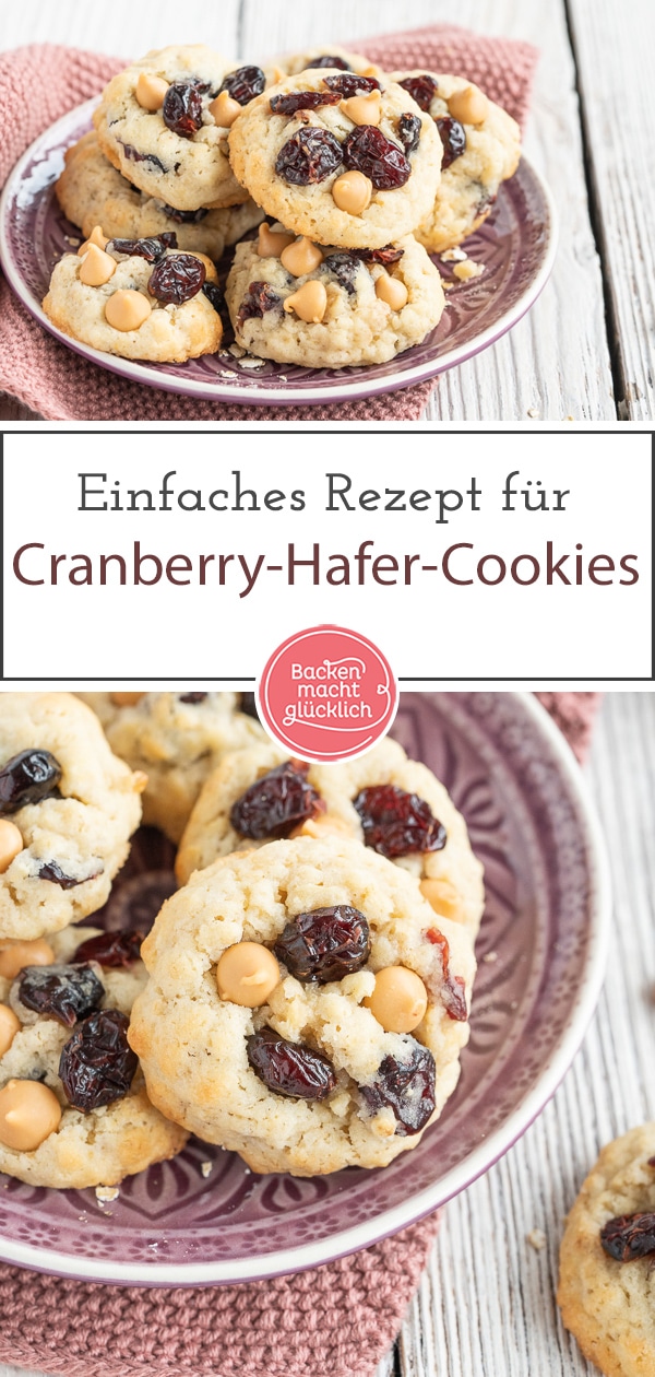 Diese chewy Cranberry-Cookies sind einfach zum Dahinschmelzen: Leckere Haferkekse gemischt mit kleinen Schokostückchen und saftigen Cranberries. Mmmmmmh!