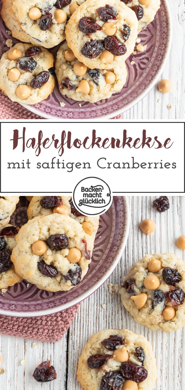 Diese chewy Cranberry-Cookies sind einfach zum Dahinschmelzen: Leckere Haferkekse gemischt mit kleinen Schokostückchen und saftigen Cranberries. Mmmmmmh!