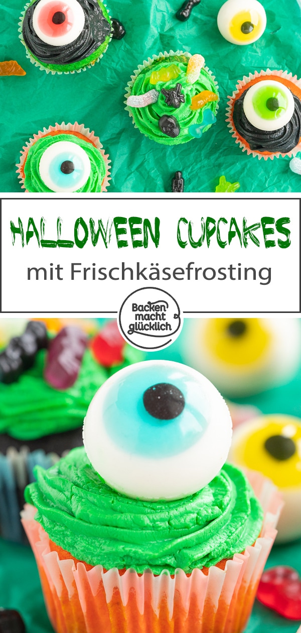 Schaurig-schöne Cupcakes für Halloween, die mit ihren Farben und der tollen Deko nicht nur Kinder begeistern! Mit diesen Cupcake Monstern wird das Halloween-Buffet garantiert ein Hingucker.