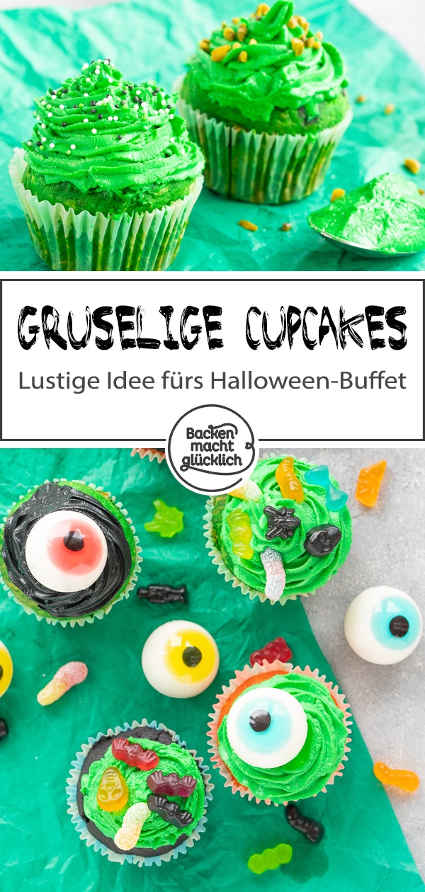 Schaurig-schöne Cupcakes für Halloween, die mit ihren Farben und der tollen Deko nicht nur Kinder begeistern! Mit diesen Cupcake Monstern wird das Halloween-Buffet garantiert ein Hingucker.